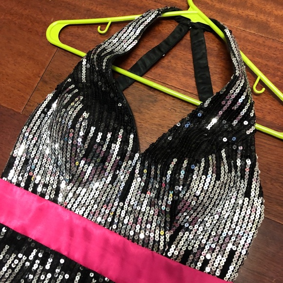 Black and Silver Halter Gown with Hot Pink Band - Picture 4 of 7